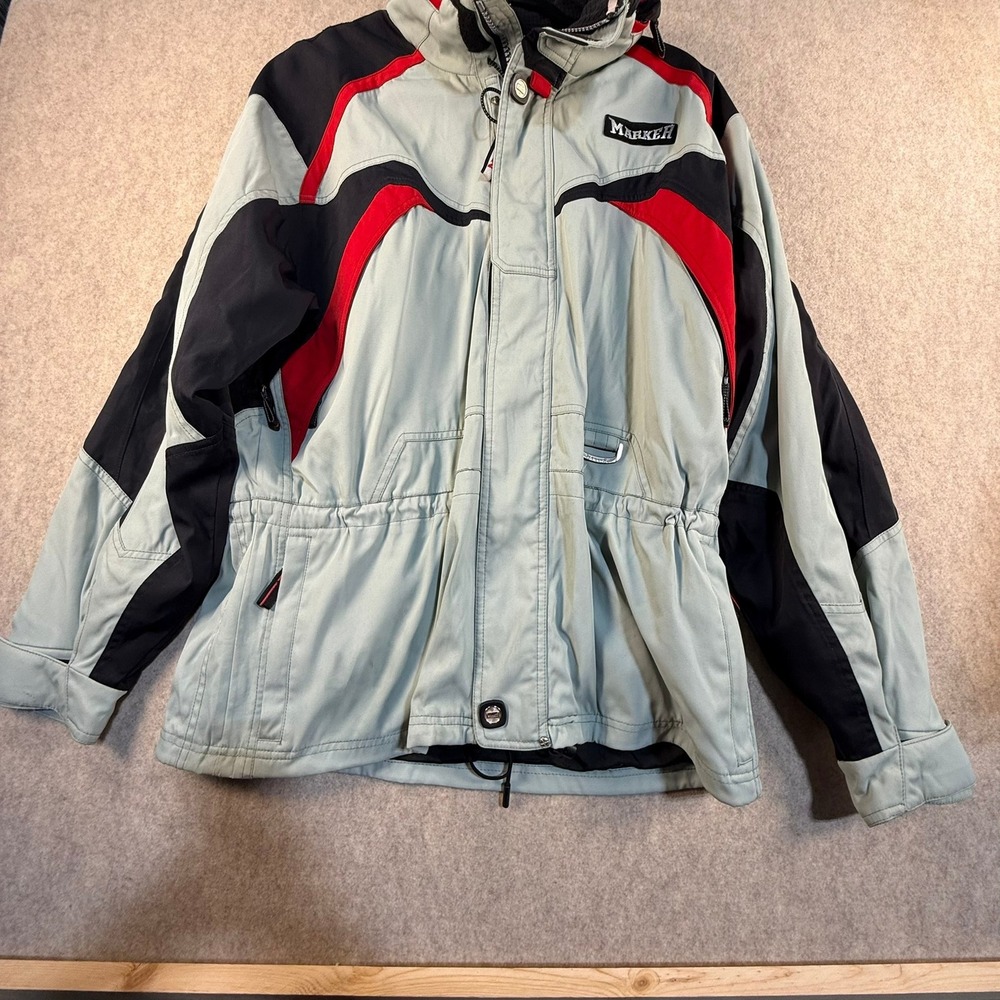 Marker Mens‎ Ski Jacket Large Grey Black Red Colorblock Hooded Winter Coat L